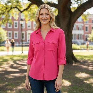 Chico’s Pink Button Front 3/4 Sleeve Top Small